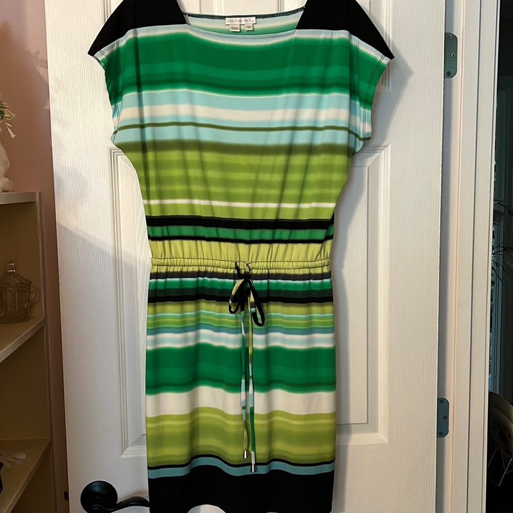 LONDON TIMES Square Neck Blouson Waist Striped Dress